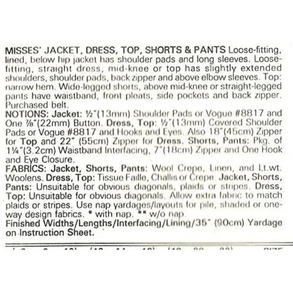 Vogue Sewing Pattern 2245 Jacket Dress Top Shorts Pants‎ Misses Size 6-10